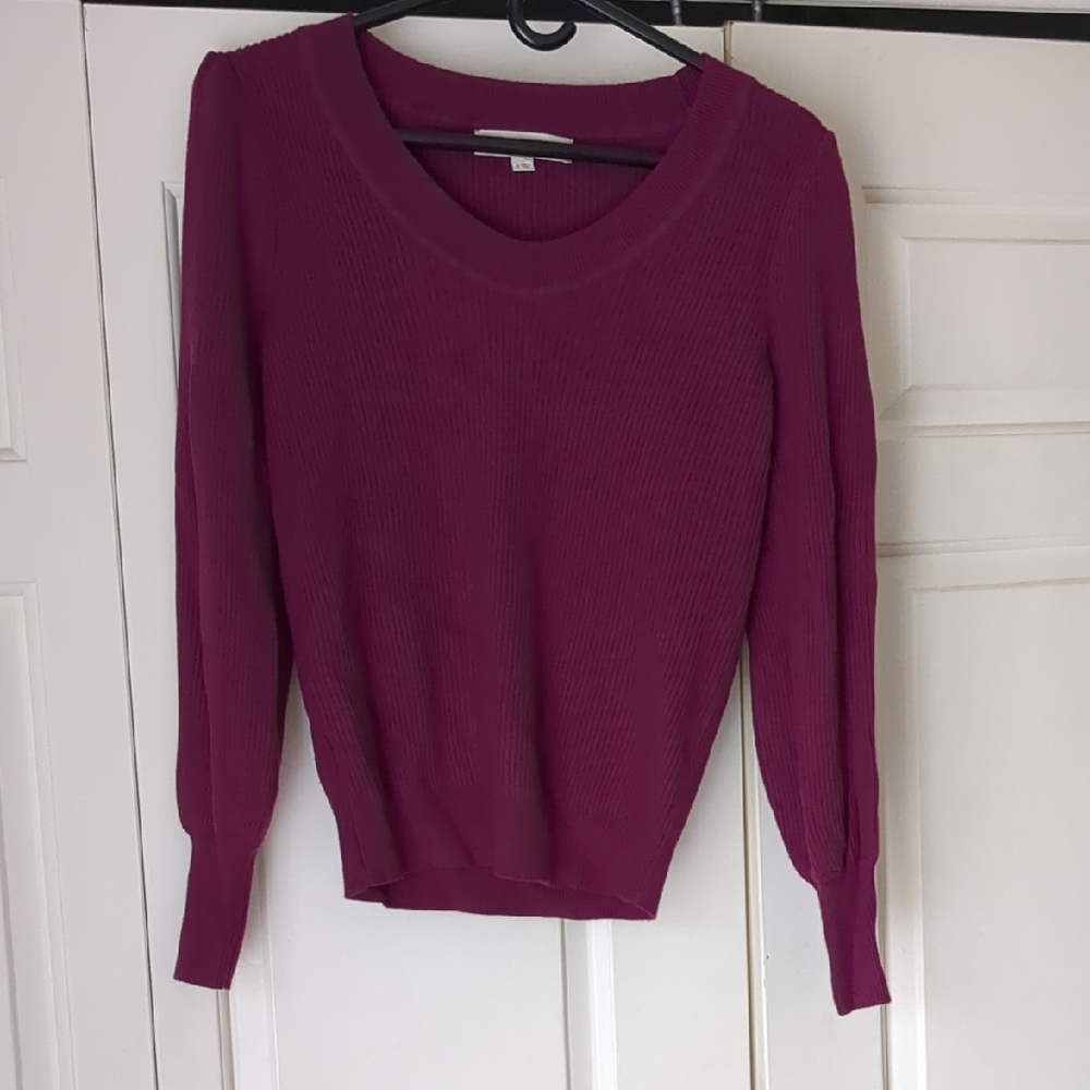 Nwot LOFT Women's Ribbed Puff Sleeve Sweater in Deep Purple Plum